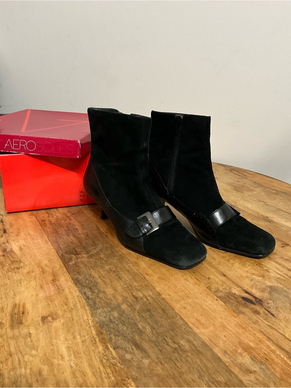 AEROSOLES Black Suede Ankle Booties with Buckle Strap